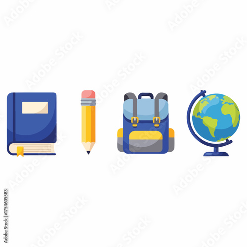 A collection of school supplies, including a book, pencil, backpack, and globe, isolated on white.