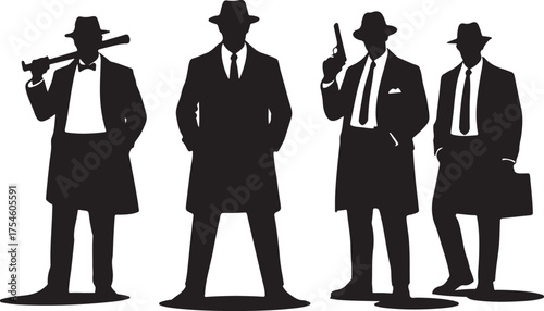 Four men in suits and hats silhouettes with weapons and briefcase