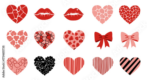 A collection of hearts and lips symbols for romance and love themes.