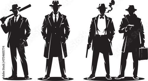 Four silhouetted men in fedoras and trench coats gangsters