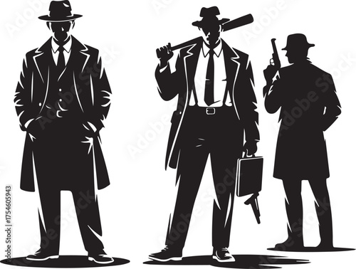 Three men in fedoras and trench coats with weapons