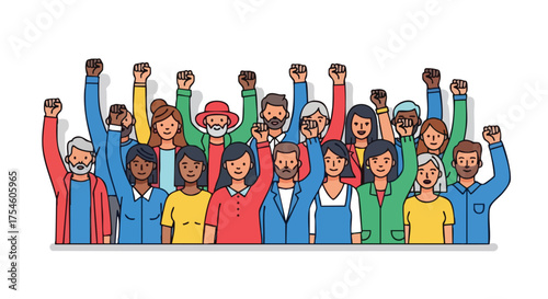 A powerful illustration depicting a diverse crowd of people with raised fists, symbolizing collective strength, protest, and the spirit of social change and empowerment