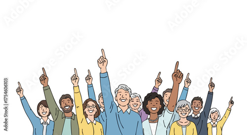 Upward pointing fingers from a diverse and smiling group of people, symbolizing shared agreement, collective choice, or a unified vision