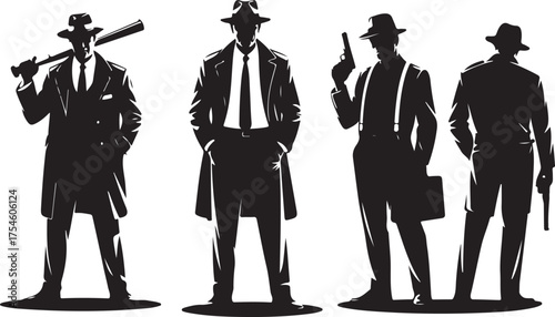 Four black silhouettes of men in fedoras and suits 1