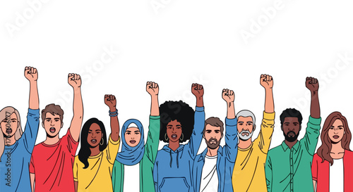 A diverse and united group of people raising their fists in a powerful protest for social change