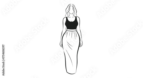 A minimalist line art sketch of a woman's full-body silhouette, showcasing an elegant fashion outfit with a long skirt and top