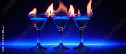 Flaming cocktails in elegant glasses create vibrant and captivating display, showcasing blue liquid and flames