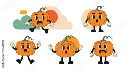 A collection of vintage cartoon pumpkins expressing various emotions for Halloween.