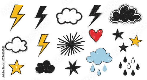 A collection of hand drawn weather related icons and symbols.