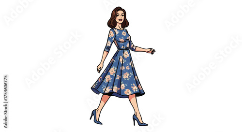 Elegant Woman in Floral Dress Walking Gracefully