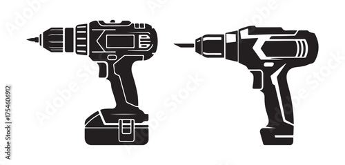 Set of drill bits and tools with vector illustration of cordless electric drill and screwdriver isolated on white background
