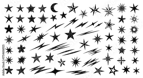 A collection of hand-drawn star and celestial body illustrations in various shapes and sizes.