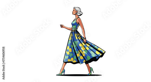 Elegant Woman in Floral Dress Walking with Confidence A Stylish Vector Illustration