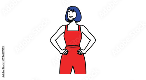 Bold graphic illustration of an energetic and confident woman, featuring vibrant blue hair and a stylish red jumpsuit, embodying empowerment and a proactive stance