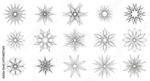 A collection of detailed snowflake geometric patterns and intricate crystalline designs.