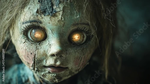 Creepy doll with glowing eyes staring at the viewer.