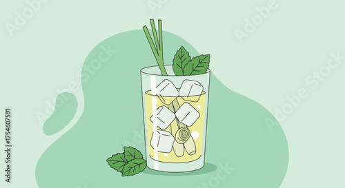 Vector illustration of a refreshing lemongrass drink in a glass. Iced herbal tea with mint leaves and ice cubes. Healthy beverage concept on a green background