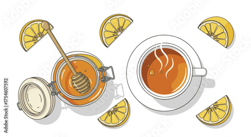 Flat lay vector composition of steaming herbal tea, a honey jar, and lemon wedges. Healthy hot drink ingredients viewed from above. Natural remedy for cold and flu concept