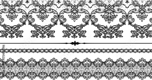 Lace pattern elements. Vintage seamless figured lace borders, beautiful wedding lace decoration. Black lace borders vector illustration set. Seamless black gorgeous stripe, delicate simple pattern on 