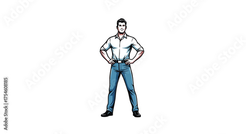 Man in casual attire posing confidently, arms on hips, standing tall, white background