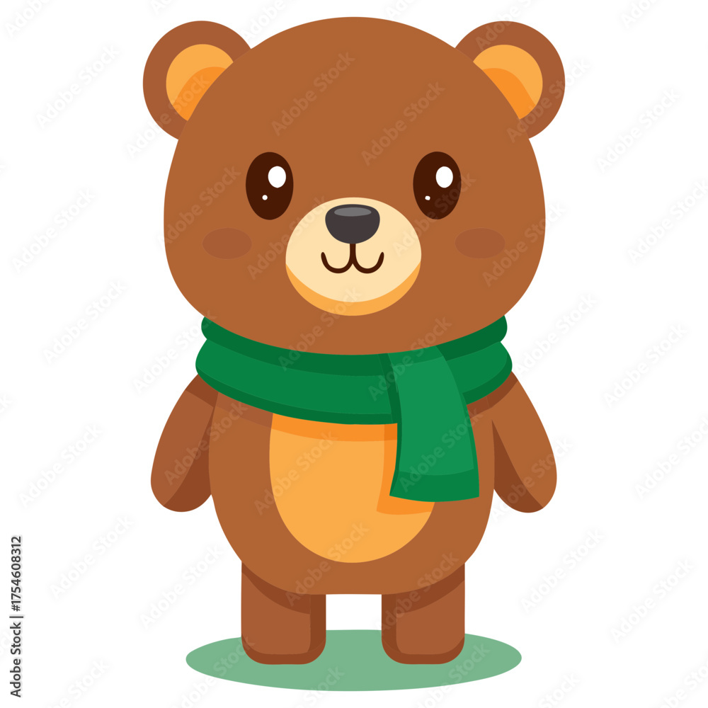 Fototapeta premium Adorable Brown Teddy Bear Wearing Green Scarf — Cute Christmas Winter Toy Vector Illustration