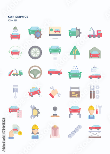 Car service flat icon set, Its including icons like garage, cleaning, mechanic and technician