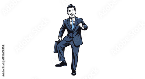 Motivated businessman in suit with briefcase confidently stepping forward, achieving success
