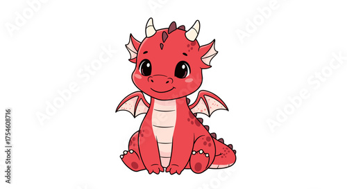 A cute baby red dragon with large eyes and small wings sits patiently waiting for a friend to play with and share magical adventures.