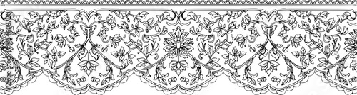 Lace pattern elements. Vintage seamless figured lace borders, beautiful wedding lace decoration. Black lace borders vector illustration set. Seamless black gorgeous stripe, delicate simple pattern on 