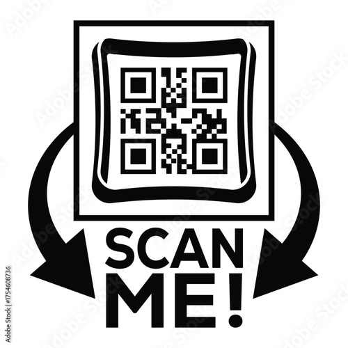 A bold, black and white vector graphic featuring a QR code centered in a square with targeting marks. Large arrows point to the text "SCAN ME!", creating a compelling call-to-action for immediate digi