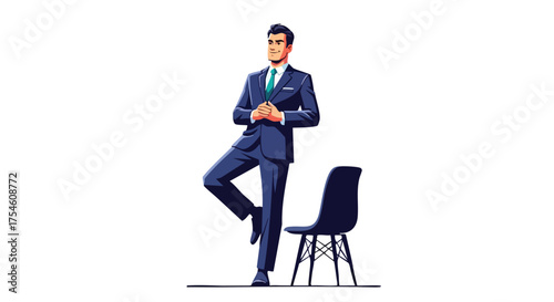 Businessman in a suit balancing on one leg with hands clasped in front of him next to an office chair