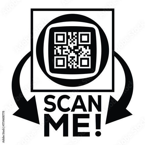 A bold, black and white vector graphic featuring a QR code centered in a square with targeting marks. Large arrows point to the text "SCAN ME!", creating a compelling call-to-action for immediate digi