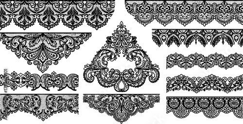 Lace pattern elements. Vintage seamless figured lace borders, beautiful wedding lace decoration. Black lace borders vector illustration set. Seamless black gorgeous stripe, delicate simple pattern on 