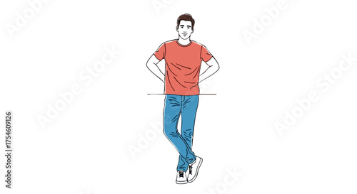 Full body line art illustration of a young man standing in a casual confident pose with legs crossed and hands on his hips