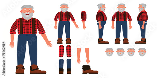 Character creation set of an old man with a beard for animation with different poses and emotions