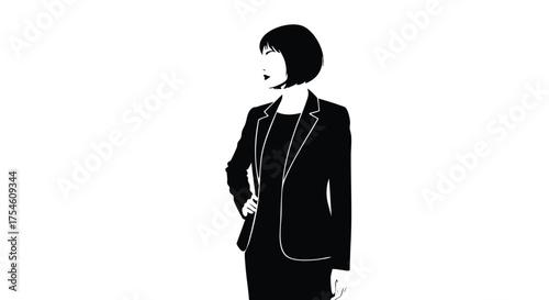 Elegant minimalist illustration of a professional businesswoman with a bob haircut, exuding confidence and leadership, perfect for modern corporate concepts and female empowerment themes