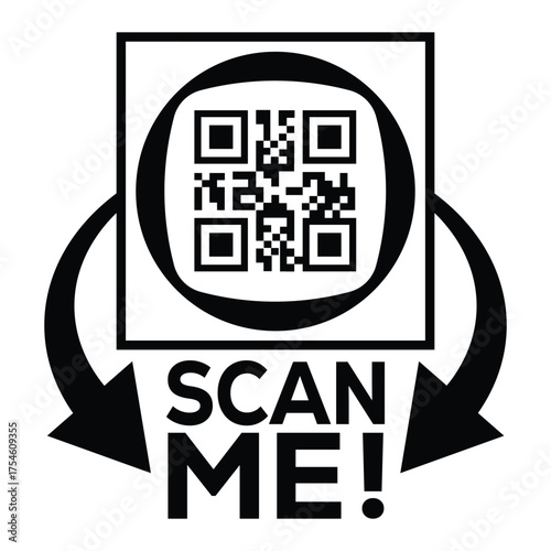 A bold, black and white vector graphic featuring a QR code centered in a square with targeting marks. Large arrows point to the text "SCAN ME!", creating a compelling call-to-action for immediate digi
