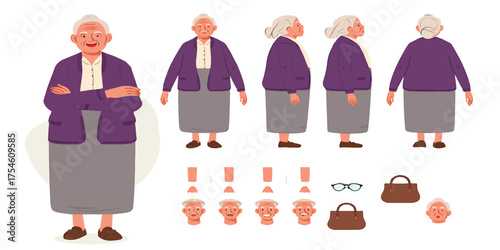 Elderly Woman Cartoon Character Design Poses and Expressions