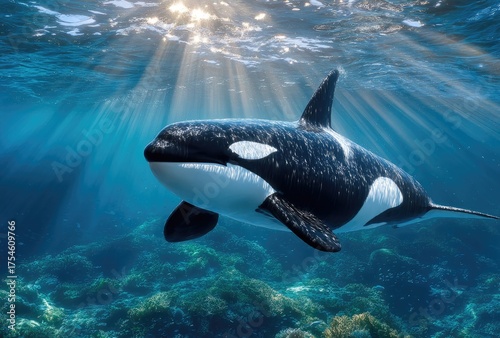 an orca swimming in the ocean, sunlight shining through from above