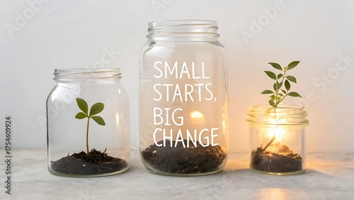 Motivational Image of Seedlings Growing in Transparent Jars telling us a small start can make a big change
