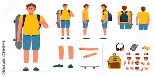 Cartoon Character Design Sheet Boy with Skateboard and Backpack