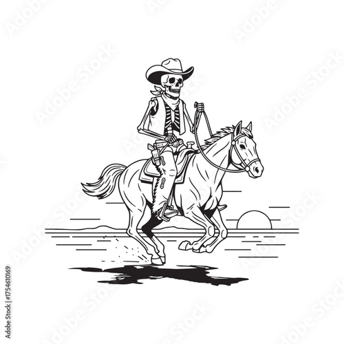 A skeleton wearing a cowboy hat rides a galloping horse across a desert landscape with a rising sun in a black and white illustration.