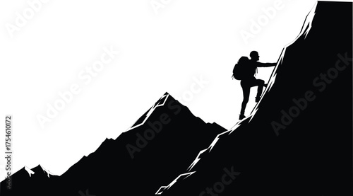 Silhouette of a lone climber ascending a steep, jagged mountain peak against a white background