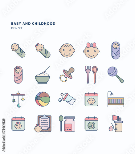Baby and childhood linear color  icon set, Its including icons like Milk bottle, breast pump and Report