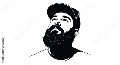 Close-up portrait of a man with a full beard looking upwards, drawn in a minimalist, graphic style with stark contrast