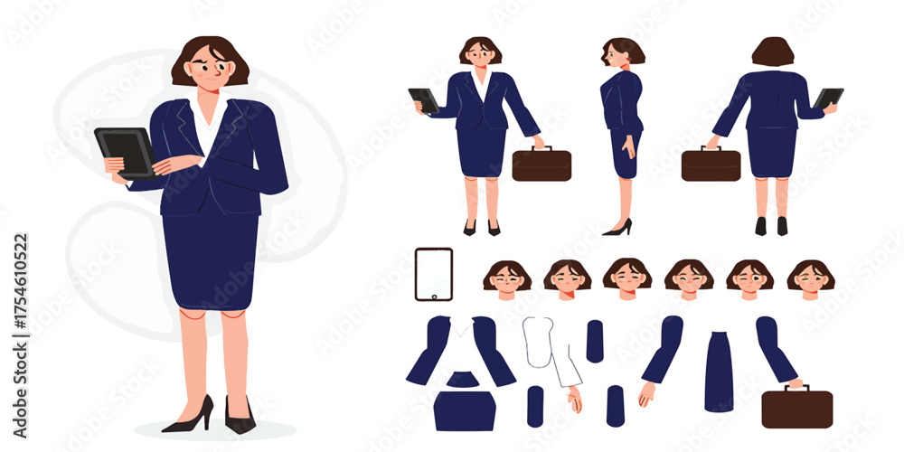 Fototapeta premium Businesswoman Character Design with Various Poses and Facial Expressions