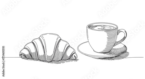 Start your day with a delicious croissant and coffee, sketched in beautiful minimalist style, perfect for menus, blogs, and social media marketing