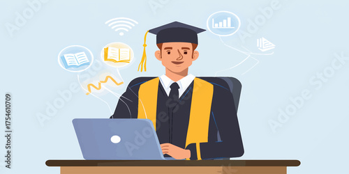 Smiling Graduate Engaged in Online Learning with Laptop, Celebrating Academic Achievement and Digital Education