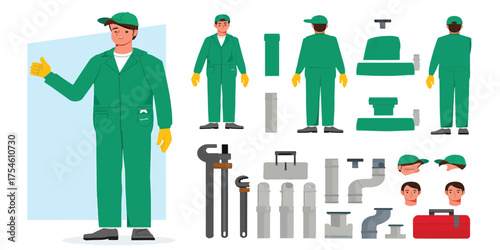 Vector plumber character constructor set with tools and various poses for animation