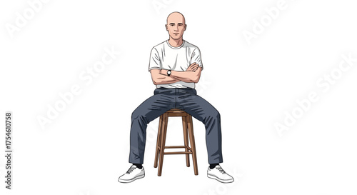 Bald man with folded arms sitting on a stool with casual appearance and confident gaze in a full shot on white